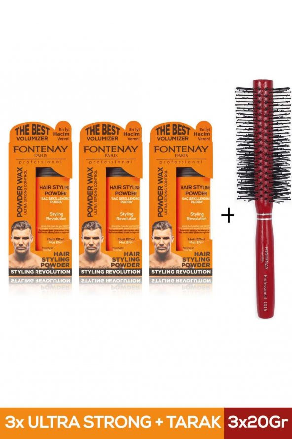 Fontenay Saç Şekillendirici Pudra Toz Wax Ultra Strong Turuncu 20gr X3 + Profesyonel Saç Fırçası 1016 4lü Set