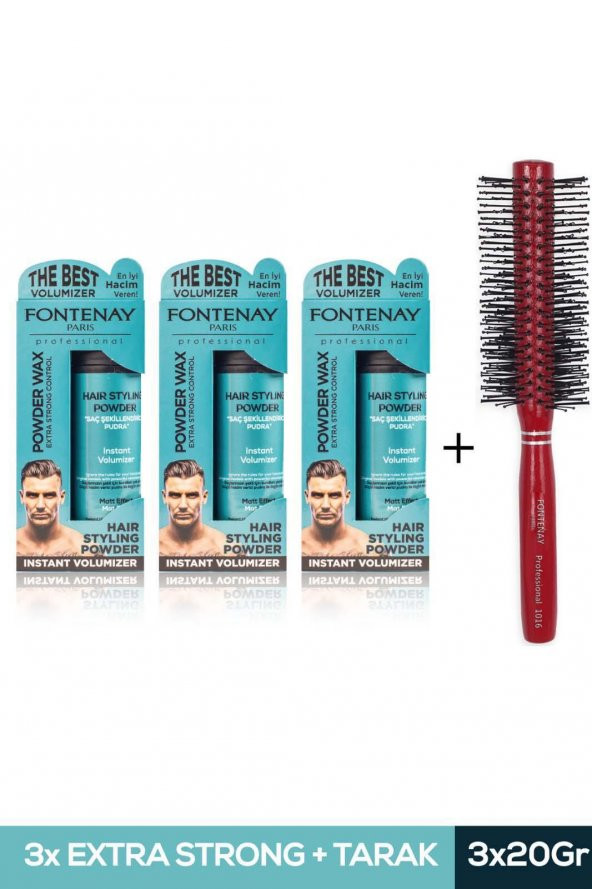 Fontenay Saç Şekillendirici Pudra Toz Wax Mat Effect Mavı 20gr X3 + Profesyonel Saç Fırçası 1016 4lü Set