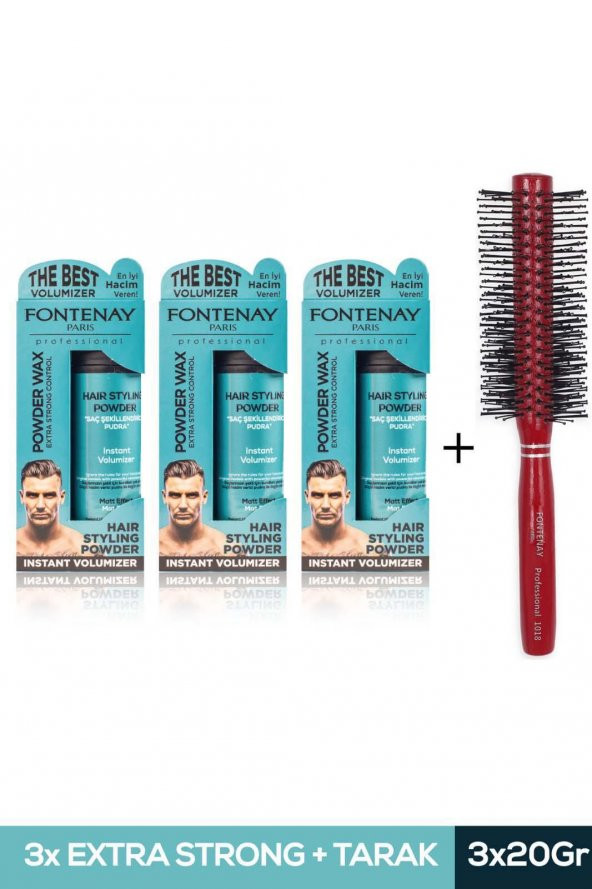 Fontenay Saç Şekillendirici Pudra Toz Wax Mat Effect Mavı 20gr X3 + Profesyonel Saç Fırçası 1018 4lü Set