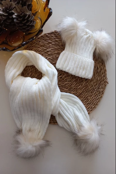 MARS BABY Kız Erkek Unisex Bebek Çocuk Ekru Krem Ponponlu Atkı Bere Takımı - 2
