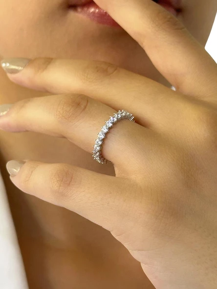 Tek Sıra Tamtur Zirkon Klasik Kesim 14 Ayar Beyaz Altın Yüzük - Resim 4