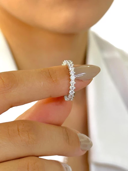 Tek Sıra Tamtur Zirkon Klasik Kesim 14 Ayar Beyaz Altın Yüzük - Resim 5