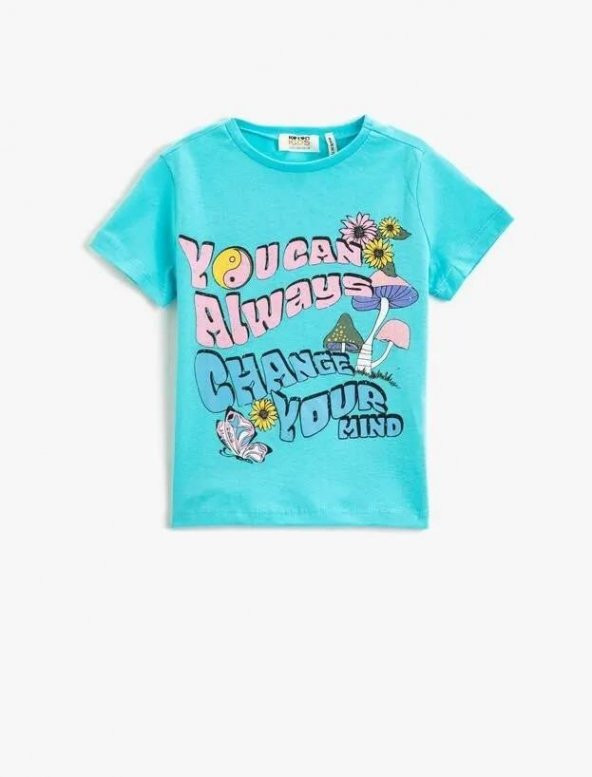 Koton Kız Çocuk Baskılı Kısa Kollu Tişört Bisiklet Yaka