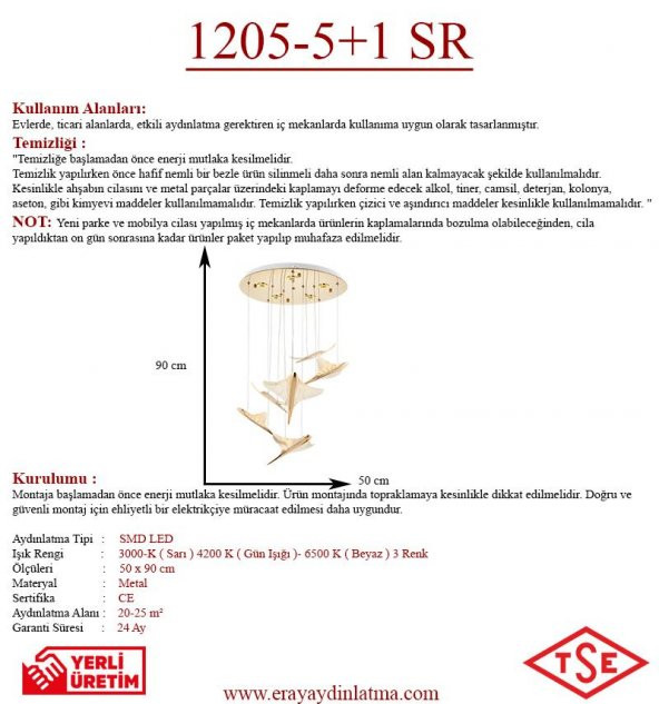 Eray Aydınlatma 1205-5+1 6 Li Sarı Led Avize - 3