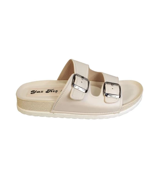 YAZKIŞ Kadın Siyah Krem Çift Tokalı Rahat Taban Terlik - Resim 4