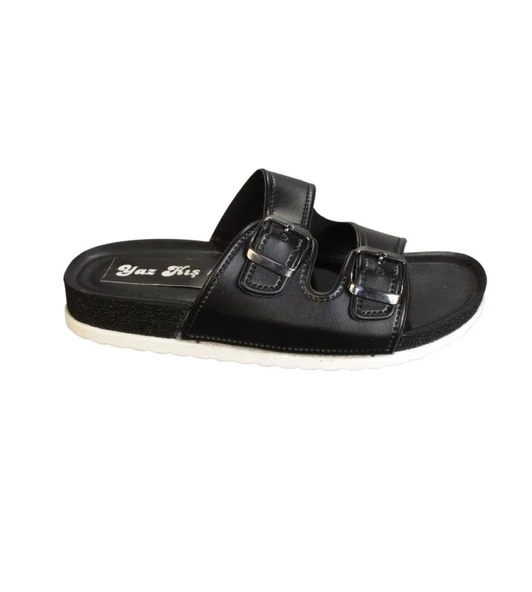 YAZKIŞ Kadın Siyah Krem Çift Tokalı Rahat Taban Terlik - Resim 3