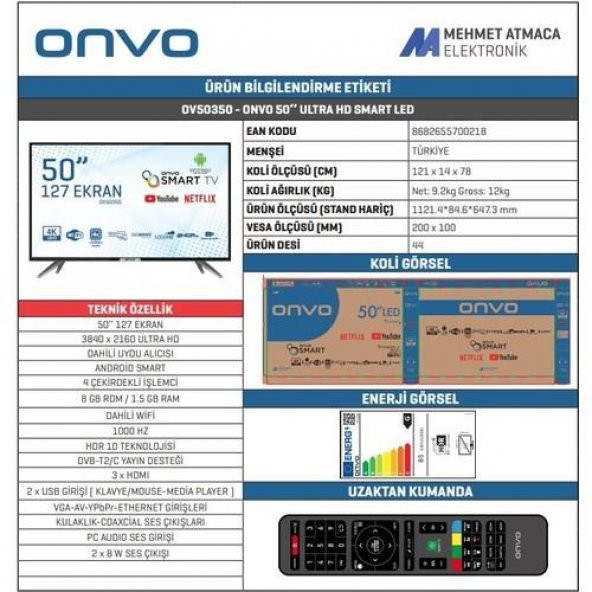 Onvo OV50350 50" 126 Ekran Uydu Alıcılı 4K Ultra HD Android Smart LED TV - 3