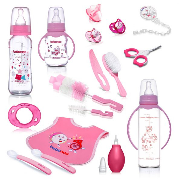 Mega Cam Biberon Set, Pembe Hediye Biberon Seti, Önlük Silikon Kaşık Emzikler Burun Aspiratörü Hediyelik Bebek Cam Biberon Seti - 3