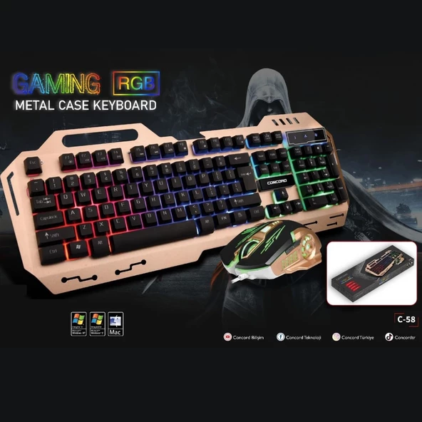 Aydınlatmalı Metal Kasa Q Gaming RGB Mouse Klavye Set Concord C-58