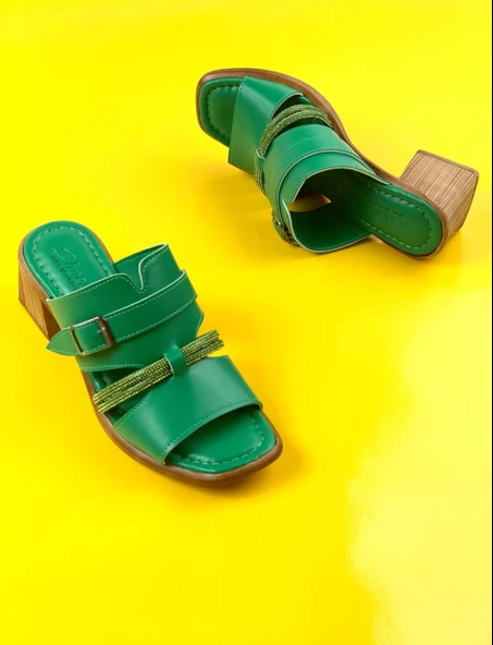 Basskan Jass Yeşil Ökçeli Hazır Ortopedi Taban Taşlı Terlik - Resim 2