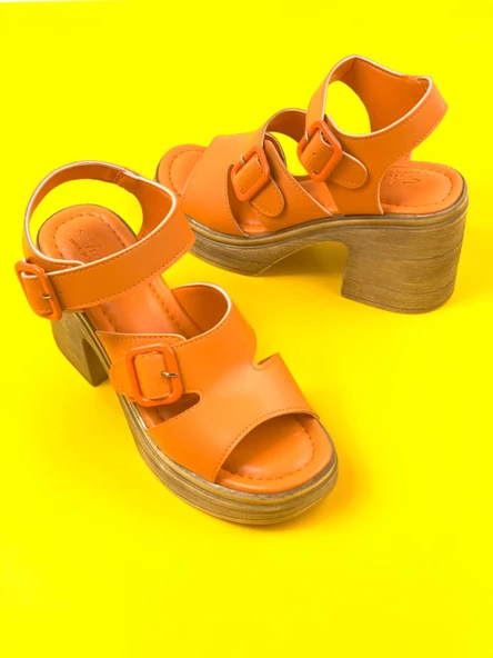 Basskan Turuncu Hennd Ortopedik YÜksek Taban Yüksek Topuk Sandalet - Resim 3