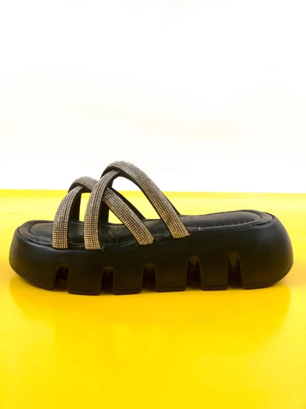 Basskan Pess Sİyah Balon Ortopedik Taban Çapraz Taşlı Terlik - Resim 2