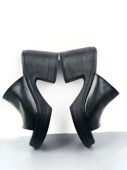 Basskan Siyah Denve Cilt Hazır Yüksek Topuk Platform Ortopedik Konfor Taban Topuklu Terlik Ayakkabı - Resim 3