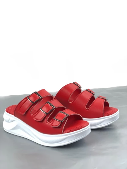 Basskan Kırmızı Mers Konfor Ortopedik Taban Tokalı Terlik Sandalet - Resim 3