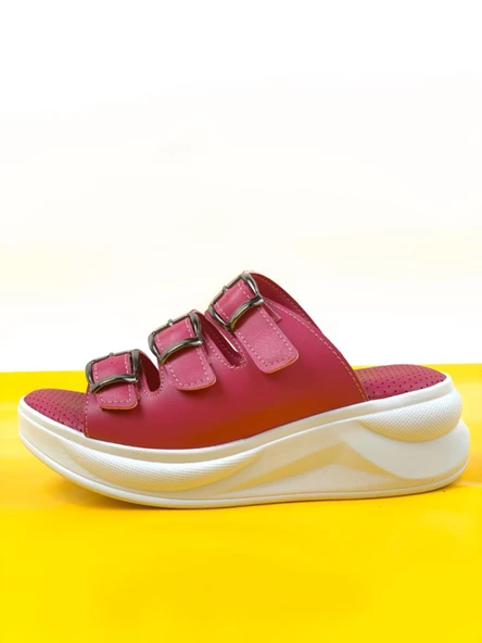 Basskan Fuşya Mers Konfor Ortopedik Taban Tokalı Terlik Sandalet