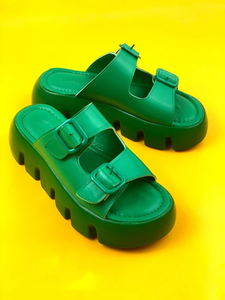 Basskan Yeşil Terr Yüksek Konfor Ortopedik Taban Çift Bant Cilt Sandalet Terlik - Resim 3