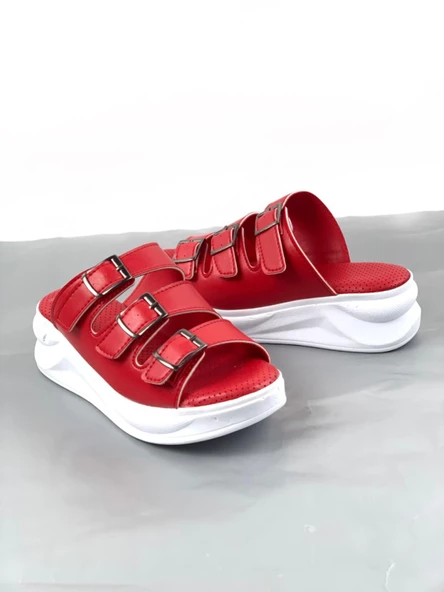 Basskan Kırmızı Mers Konfor Ortopedik Taban Tokalı Terlik Sandalet - Resim 2