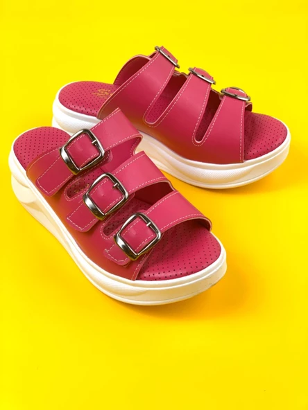 Basskan Fuşya Mers Konfor Ortopedik Taban Tokalı Terlik Sandalet - 2