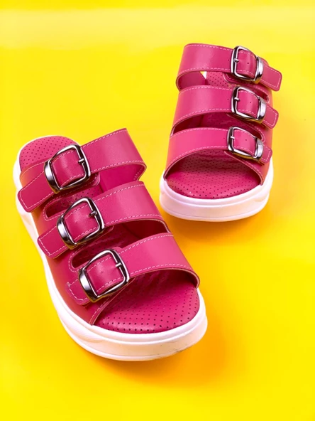 Basskan Fuşya Mers Konfor Ortopedik Taban Tokalı Terlik Sandalet - 3