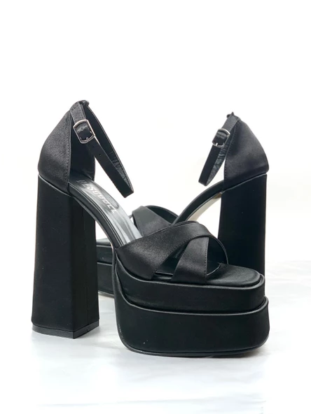 Basskan Renc Siyah Saten Yüksek Çift Platform Topuklu Sandalet - 2