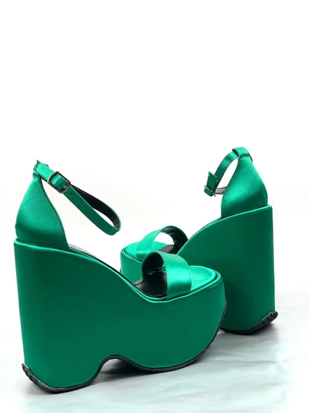 Basskan Yeşil Koff Saten Yüksek Dolgu Taban Platform Tek Bant Sandalet - 2