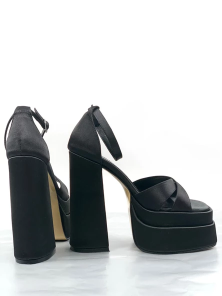 Basskan Renc Siyah Saten Yüksek Çift Platform Topuklu Sandalet - 3