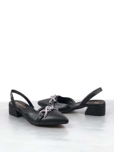 Basskan  Bere Siyah Tokalı Sivri Burun Sandalet Terlik Alçak Topuk - Resim 2