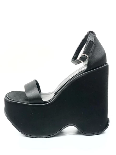 BAsskan Siyah Koff Saten Yüksek Dolgu Taban Platform Tek Bant Sandalet - 2