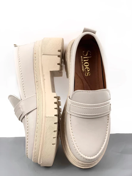 Basskan Bej Poxy Cilt Poli Ortopedik Konfor Taban Oxford Makosen Yüksek Taban Ayakkabı - Resim 3