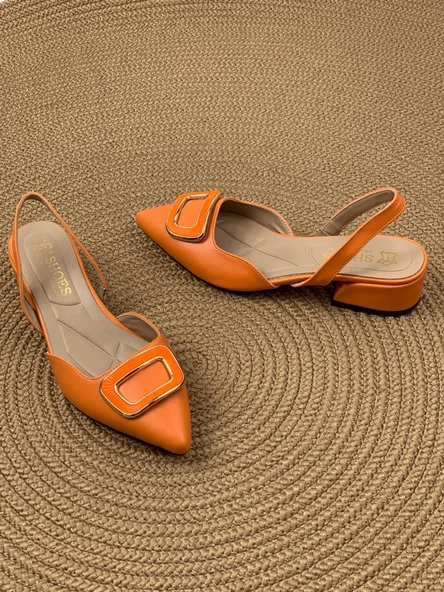 Basskan Kare Turunucu Alçak Topuk Arkası Açık Kare Tokalı Sandalet Terlik - 2