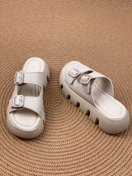 Basskan  Bej Terr Yüksek Konfor Ortopedik Taban Çift Bant Cilt Sandalet Terlik - Resim 2