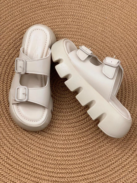 Basskan  Bej Terr Yüksek Konfor Ortopedik Taban Çift Bant Cilt Sandalet Terlik - Resim 3