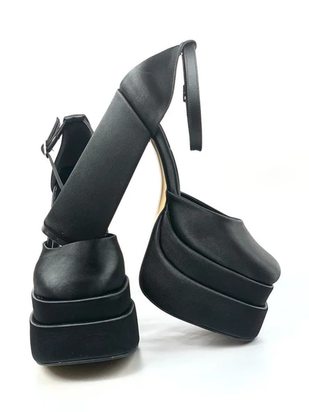Basskan Poon Siyah Saten Yüksek Çift Platform Önü Kapalı Sandalet Ayakkabı - 3
