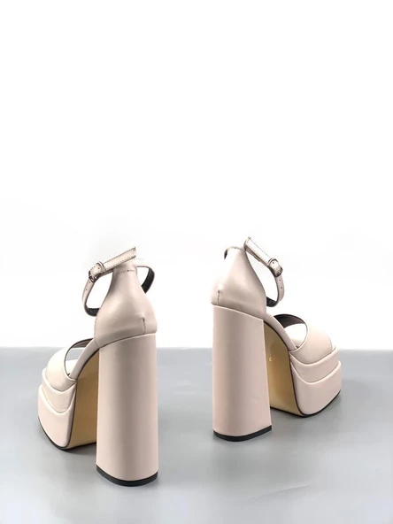 Basskan Zoon Bej Cilt Yüksek Çift Platform Önü Açık Sandalet Ayakkabı - 3