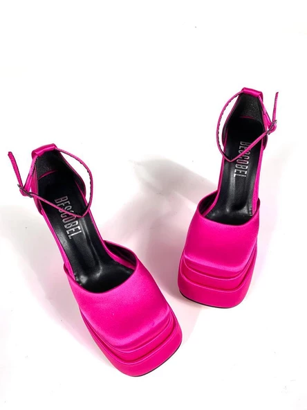 Basskan Poon Pembe Saten Yüksek Çift Platform Önü Kapalı Sandalet Ayakkabı - 2