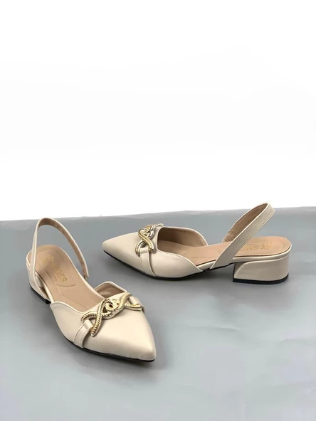 Basskan Bere Bej Tokalı Sivri Burun Sandalet Terlik Alçak Topuk - Resim 3