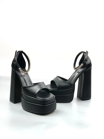 Basskan Zoon Siyah Cilt Yüksek Çift Platform Önü Açık Sandalet Ayakkabı - 2
