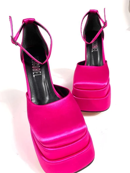 Basskan Poon Pembe Saten Yüksek Çift Platform Önü Kapalı Sandalet Ayakkabı - 3