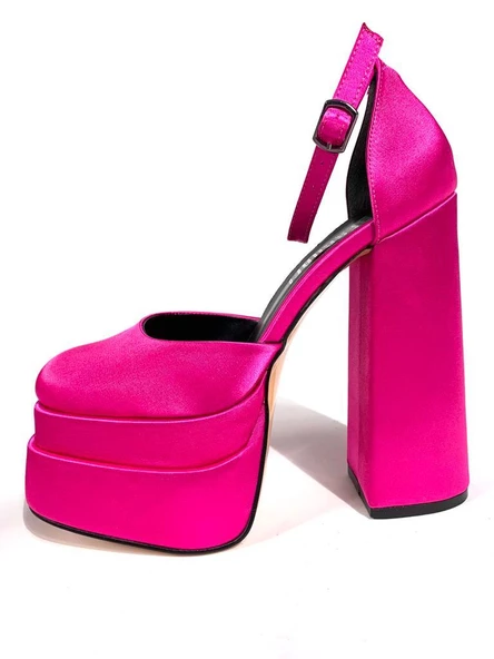 Basskan Poon Pembe Saten Yüksek Çift Platform Önü Kapalı Sandalet Ayakkabı