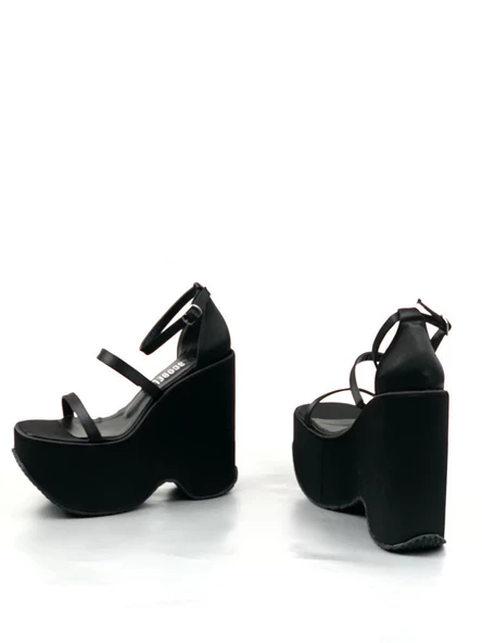 Basskan Sİyah Sofya Saten Yüksek Dolgu Platform Bilekten Bağlama Sandalet - 2