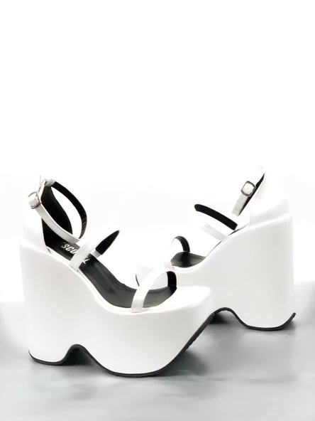 Basskan Beyaz Saten Sofya Yüksek Dolgu Platform Bilekten Bağlama Sandalet - 2