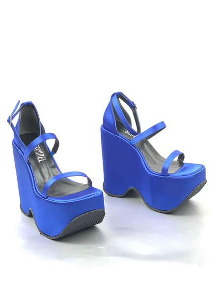 Basskan Mavi Sofya Saten Yüksek Dolgu Platform Bilekten Bağlama Sandalet - 3