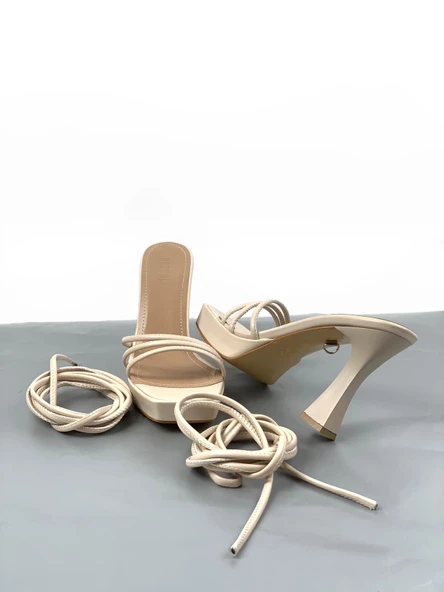 Basskan Nut Fonn Platform Topuklu Bilekten Sarmalı Biyeli Ayakkabı - Resim 3