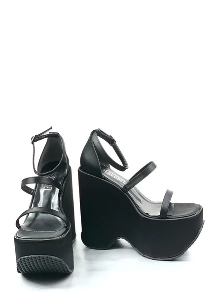 Basskan Sİyah Sofya Saten Yüksek Dolgu Platform Bilekten Bağlama Sandalet - 3