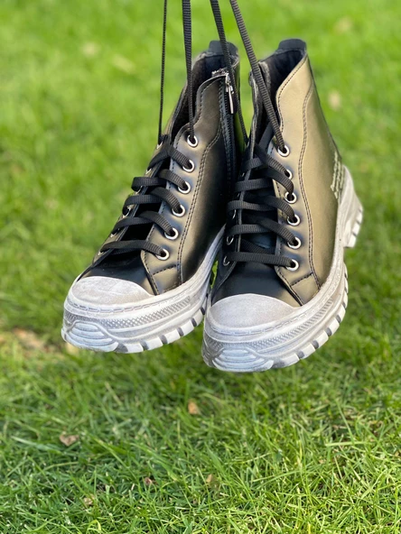 BASSKAN KADIN YENİ SİYAH BAĞCIKLI FERMUARLI GÜNLÜK YÜRÜYÜŞ SNEAKER SPOR AYAKKABI