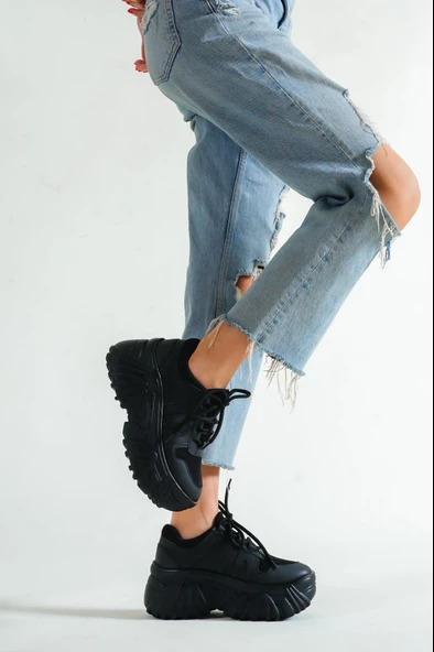 BASSKAN BAYAN SİYAH YÜKSEK TABAN SNEAKER SPOR AYAKKABI SP150 - Resim 3