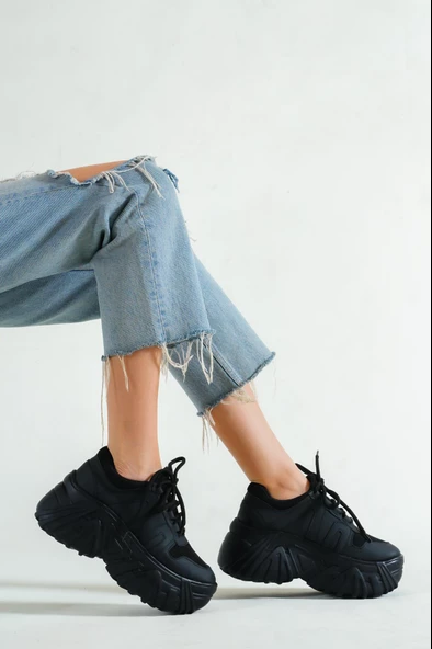 BASSKAN BAYAN SİYAH YÜKSEK TABAN SNEAKER SPOR AYAKKABI SP150 - Resim 2