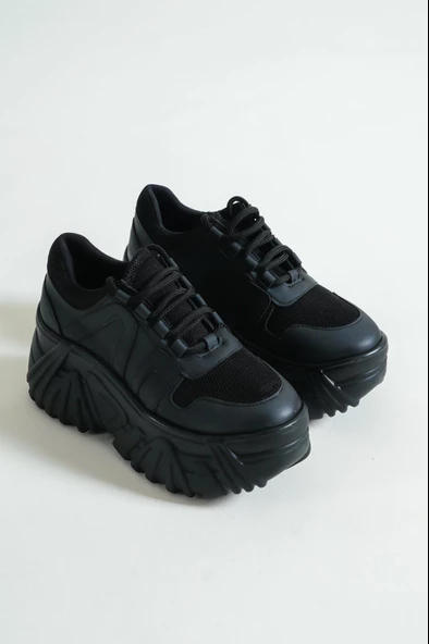 BASSKAN BAYAN SİYAH YÜKSEK TABAN SNEAKER SPOR AYAKKABI SP150