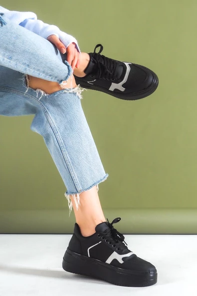 BASSKAN BAYAN SİYAH GRİ YÜKSEK TABANLI BAĞCIKLI DOLGU TABAN SNEAKER SPOR AYAKKABI SP120 - Resim 2