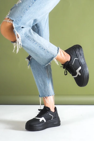 BASSKAN BAYAN SİYAH GRİ YÜKSEK TABANLI BAĞCIKLI DOLGU TABAN SNEAKER SPOR AYAKKABI SP120 - Resim 3